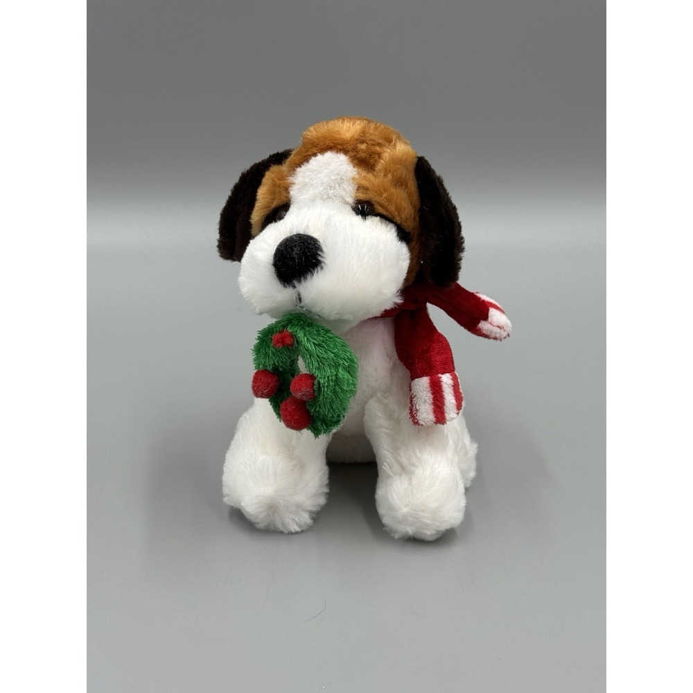 Walmart Christmas Puppy Dog W/ Wreath In Mouth Small 6" Tall Stuffed Animal